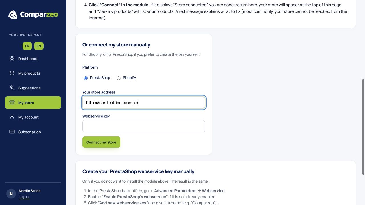 Connecting a PrestaShop store to Comparzeo