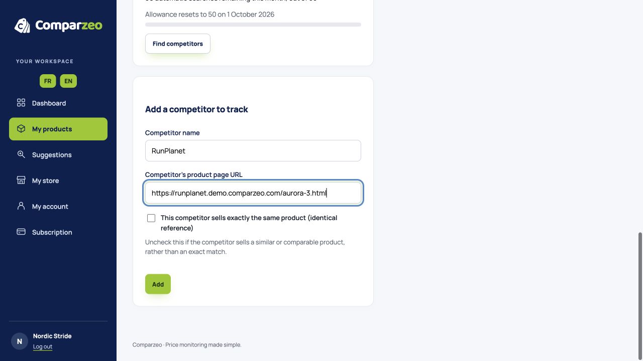 Adding a competitor by pasting their product page URL